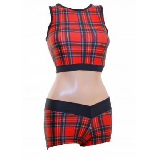 Red Tartan Pole Fitness Wear Top and Shorts 