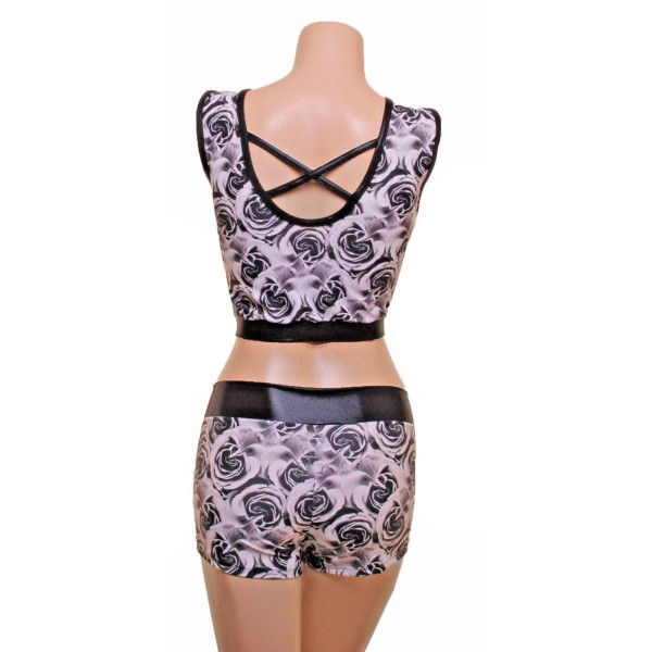 Crop Top with a Slash Front and 'V' Cut Pants in Black & White Rose.