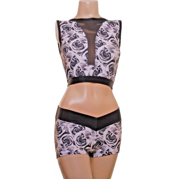 Crop Top with a Slash Front and 'V' Cut Pants in Black & White Rose.