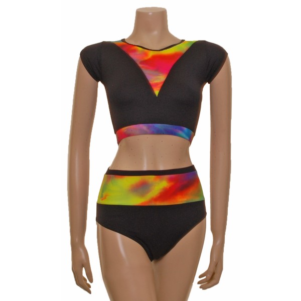 Cap Sleeved Pole Top with High Waisted Nix - Black/Multi