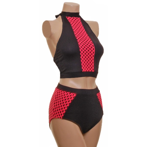 Halter Top with High Waisted Nix - Black with Pink Mesh