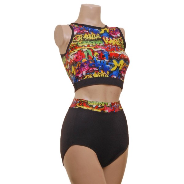 Multi Coloured Grafetti Pole Fitness Wear Top and Pants (#t1n/p3n)