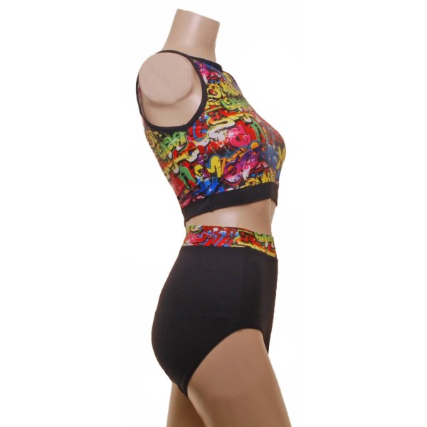 Multi Coloured Grafetti Pole Fitness Wear Top and Pants (#t1n/p3n)