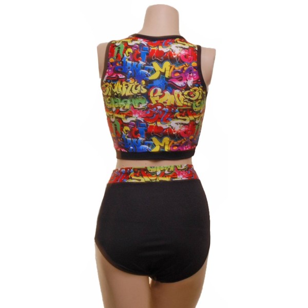 Multi Coloured Grafetti Pole Fitness Wear Top and Pants (#t1n/p3n)