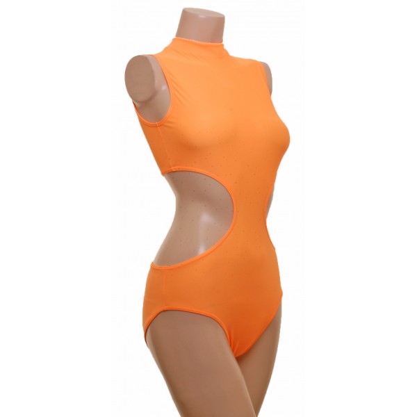 Leotard One Piece with Polo, Nix Open Back and Connected  Front in Mango Lycra