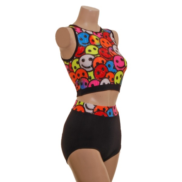 Smiling Emoji Pole Fitness Wear Top and Shorts