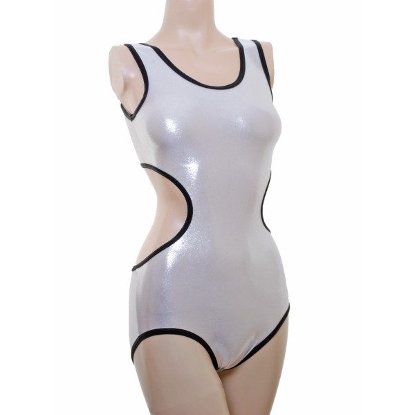 Leotard One Piece with  Nix Open Back and Connected  Front in Silver Shine with Black Edging