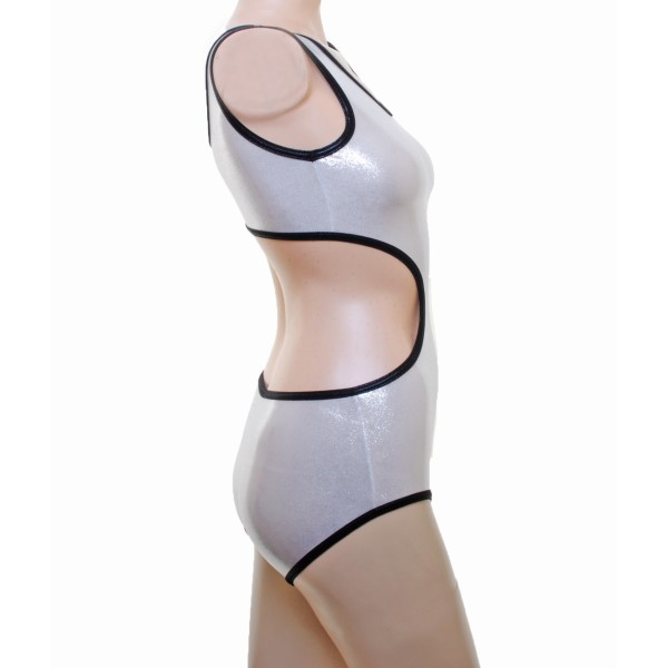 Leotard One Piece with  Nix Open Back and Connected  Front in Silver Shine with Black Edging
