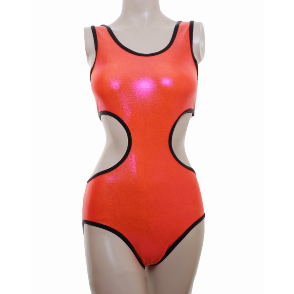 Leotard One Piece with  Nix Open Back and Connected  Front in Orange Shine with Black Edging