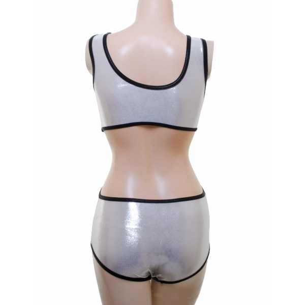 Leotard One Piece with  Nix Open Back and Connected  Front in Silver Shine with Black Edging