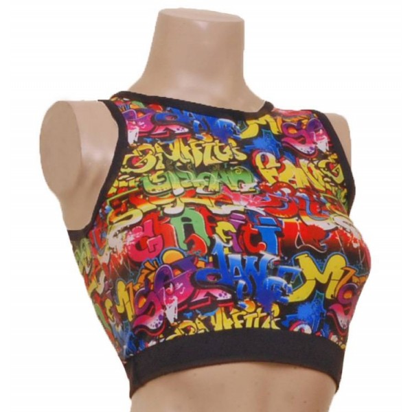 Multi Coloured Graffiti Pole Fitness Wear High Crop Top