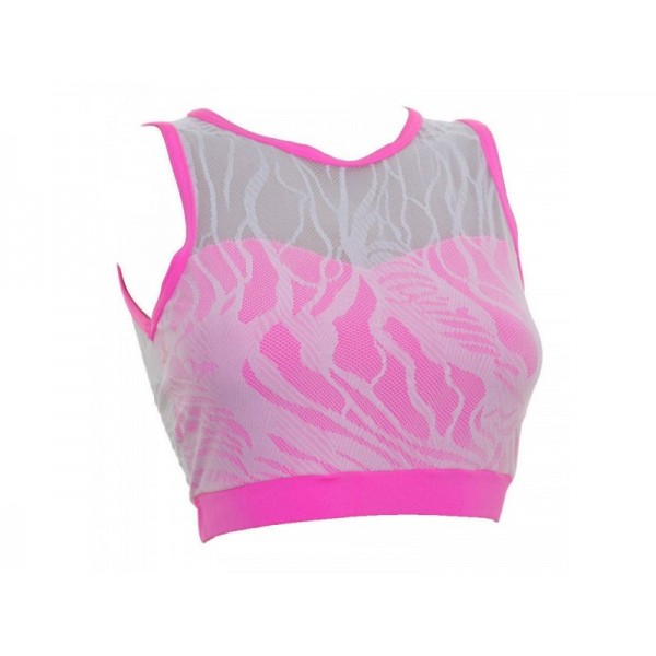 Hot Pink Pole Crop Top With White Lace Overlay 