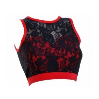 Red Pole Crop Top With Black Lace Overlay 