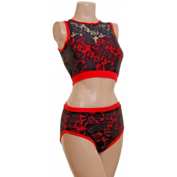 Crop Top with a Sweetheart Neck and Nix in red both overlaid with Black Lace.