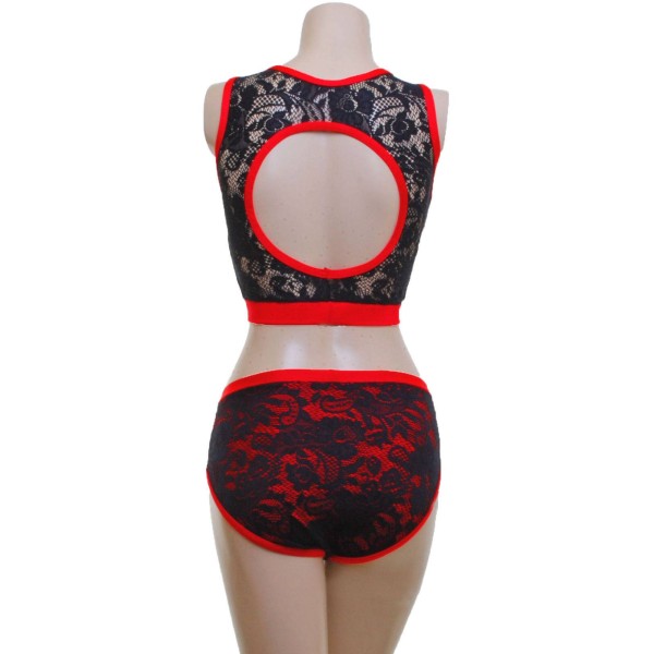 Crop Top with a Sweetheart Neck and Nix in red both overlaid with Black Lace.